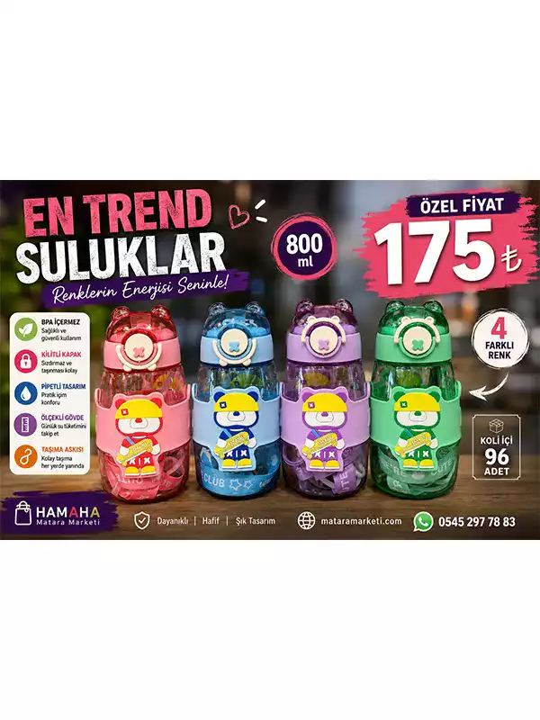 800 ml Çocuk Pipetli Matara – Ayıcık Figürlü Kilitli Kapaklı Suluk