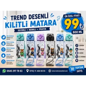 800 ml Kilitli Çocuk Matarası – Pipetli, Sızdırmaz Kapaklı ve Askılı Su Matarası