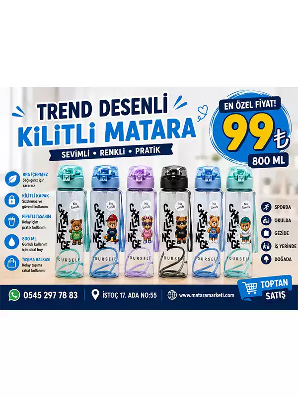 800 ml Kilitli Çocuk Matarası – Pipetli, Sızdırmaz Kapaklı ve Askılı Su Matarası