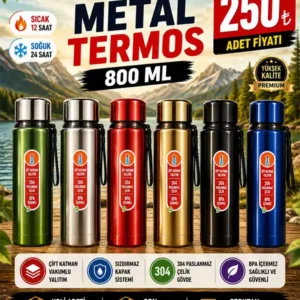 800 ML Metal Termos | 304 Paslanmaz Çelik Vakumlu Çift Katman Termos