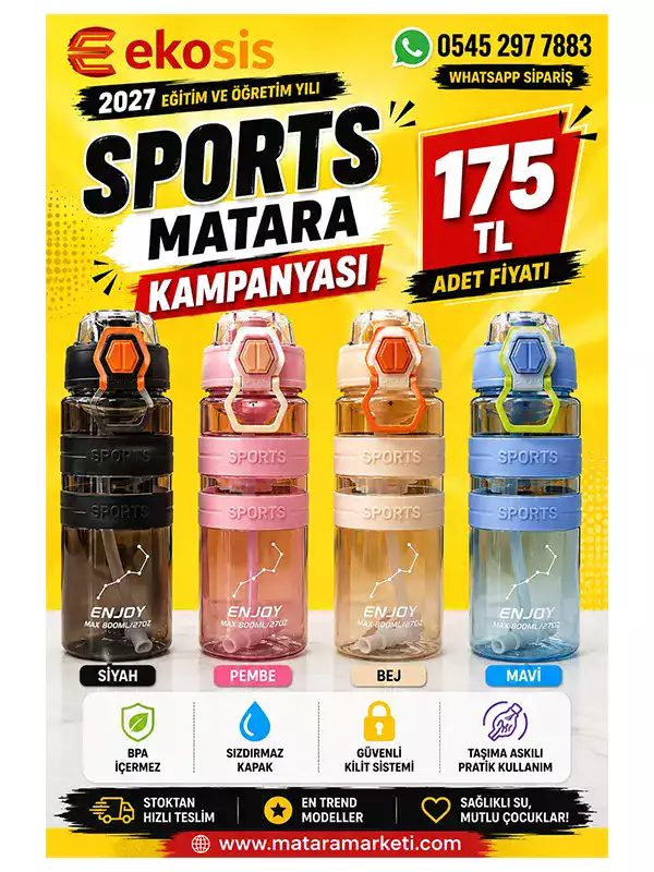 800 ML Sports Matara | Kilitli Kapaklı, Pipetli Tritan Spor Suluğu