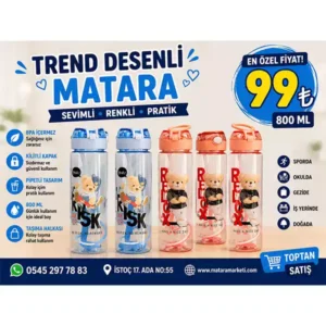 800 ml Trend Desenli Kilitli Matara – Pipetli, Sızdırmaz ve Askılı Su Matarası