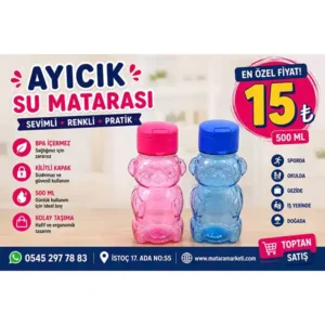 Ayıcık Su Matarası 500 ml – Kilitli Kapaklı Renkli Çocuk Matarası