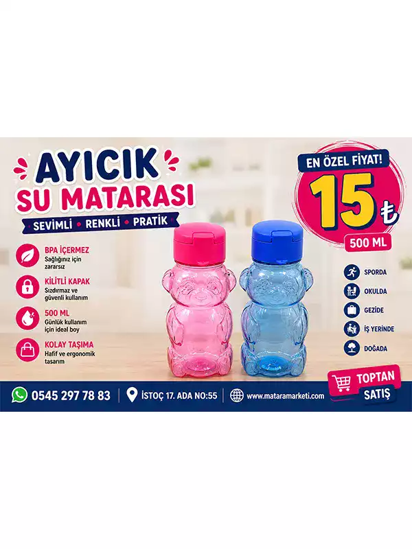 Ayıcık Su Matarası 500 ml – Kilitli Kapaklı Renkli Çocuk Matarası