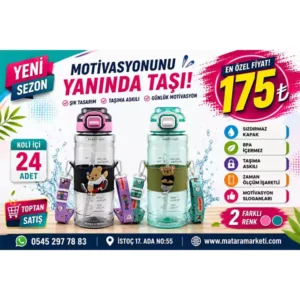 Ayıcık Desenli Motivasyon Matarası – Pipetli Askılı Zaman Ölçerli