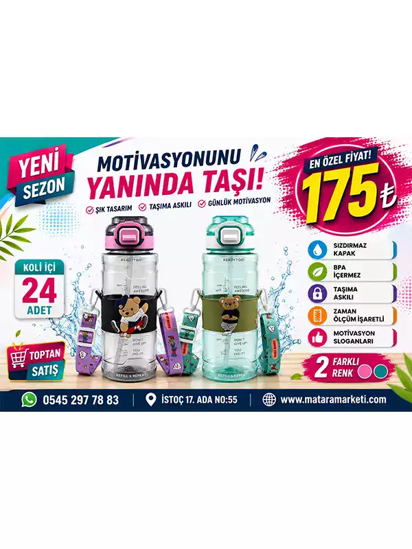 Ayıcık Desenli Motivasyon Matarası – Pipetli Askılı Zaman Ölçerli