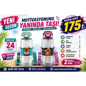 Ayıcık Desenli Motivasyon Matarası – Pipetli Askılı Zaman Ölçerli