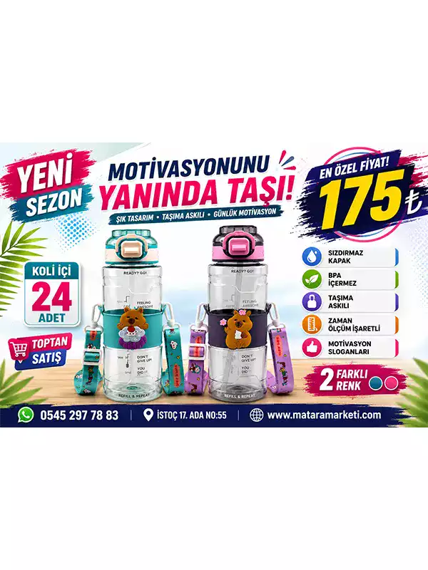 Ayıcık Desenli Motivasyon Matarası – Pipetli Askılı Zaman Ölçerli