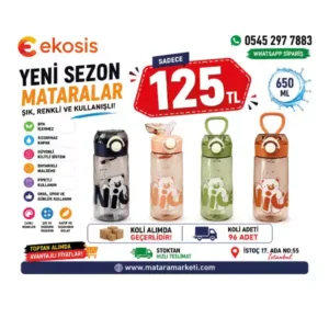 Ayıcık Desenli Pipetli Spor Matara 650 ML | Kulplu BPA Free Su Şişesi