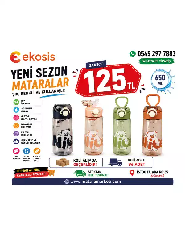 Ayıcık Desenli Pipetli Spor Matara 650 ML | Kulplu BPA Free Su Şişesi