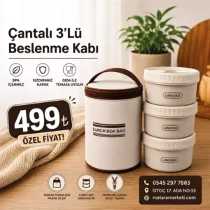 Çantalı 3’lü Beslenme Kabı Seti – 3 Katlı Lunch Box ve Taşıma Çantası