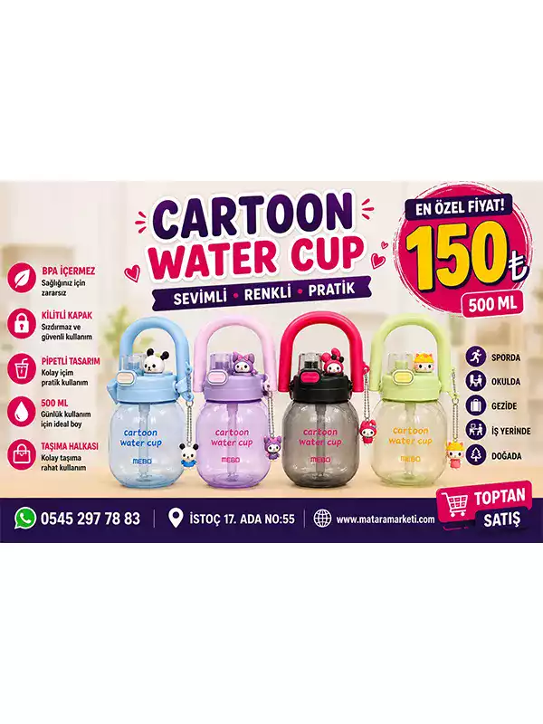 Cartoon Water Cup 500 ML Çocuk Su Matarası – Pipetli ve Figürlü