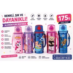 Çocuk Alüminyum Matara – Desenli, Askılı, 5 Renk Seçeneği