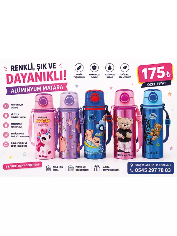Çocuk Alüminyum Matara – Desenli, Askılı, 5 Renk Seçeneği