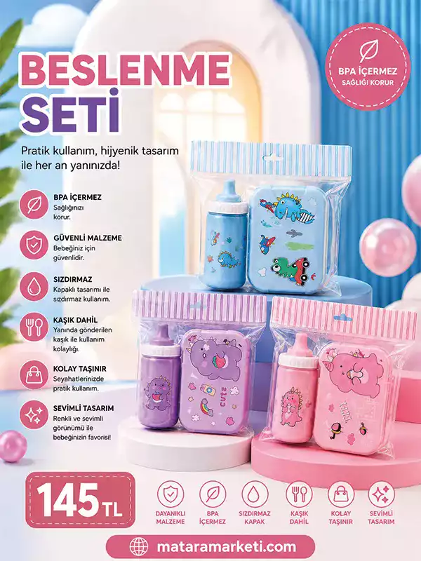 Çocuk Beslenme Seti – Lunch Box ve Matara Seti | Sevimli Desenli