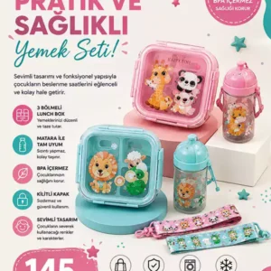 Çocuk Beslenme Seti Lunch Box ve Matara – Sevimli Hayvan Desenli