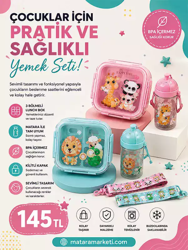 Çocuk Beslenme Seti Lunch Box ve Matara – Sevimli Hayvan Desenli