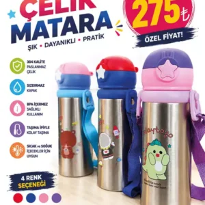Çocuk Çelik Matara – 304 Paslanmaz Çelik, Askılı, Sızdırmaz Kapaklı