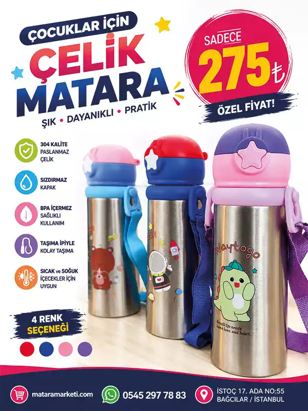 Çocuk Çelik Matara – 304 Paslanmaz Çelik, Askılı, Sızdırmaz Kapaklı