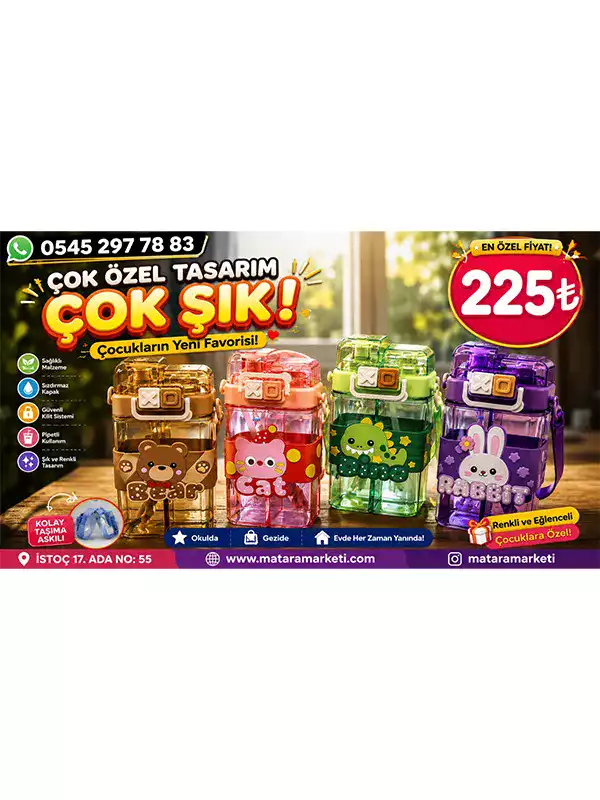 Çocuk Figürlü Pipetli Matara – Kilitli Kapaklı, Taşıma Askılı