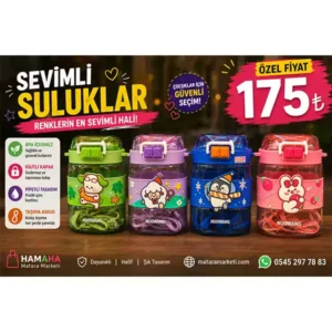 Çocuk Pipetli Matara – Kilitli Kapaklı Askılı Sevimli Suluk