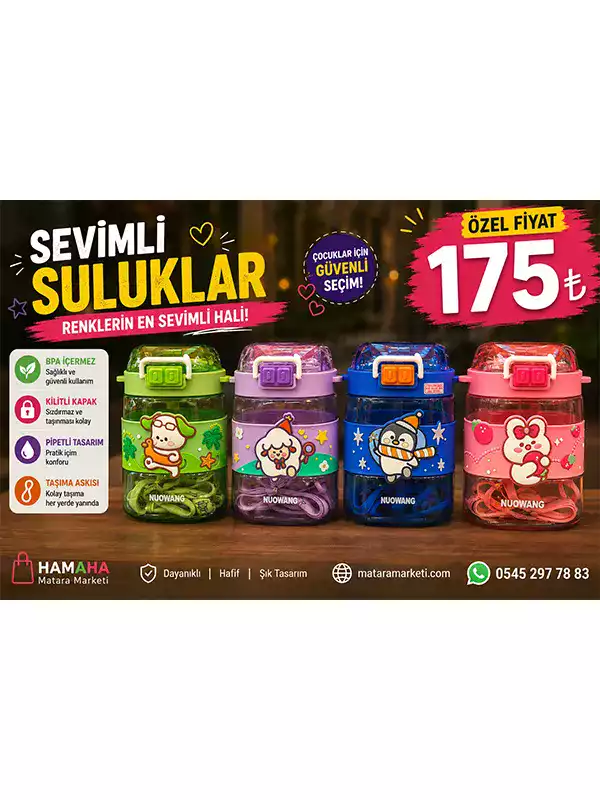 Çocuk Pipetli Matara – Kilitli Kapaklı Askılı Sevimli Suluk
