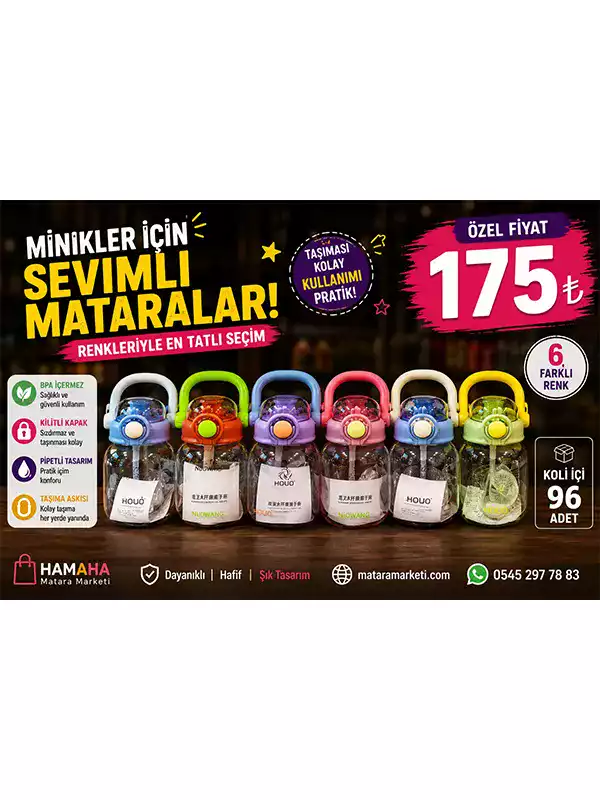 Çocuk Pipetli Matara – Kilitli Kapaklı Taşıma Askılı Su Şişesi