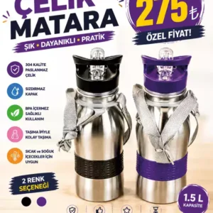 Çocuklar İçin 1.5 Litre Çelik Matara – 304 Paslanmaz Çelik, Sızdırmaz Kapaklı, Askılı