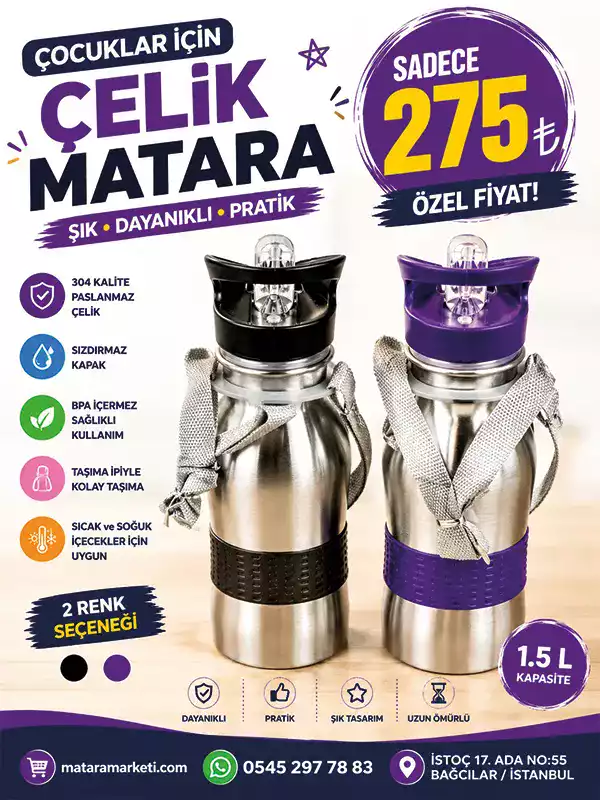 Çocuklar İçin 1.5 Litre Çelik Matara – 304 Paslanmaz Çelik, Sızdırmaz Kapaklı, Askılı