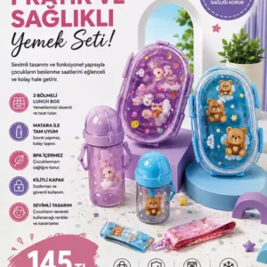 Çocuklar İçin 3 Bölmeli Lunch Box Seti – Matara ve Aksesuarlarıyla Eğlenceli Beslenme Seti