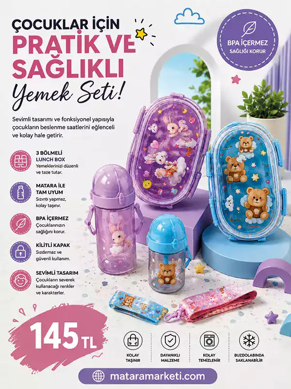 Çocuklar İçin 3 Bölmeli Lunch Box Seti – Matara ve Aksesuarlarıyla Eğlenceli Beslenme Seti