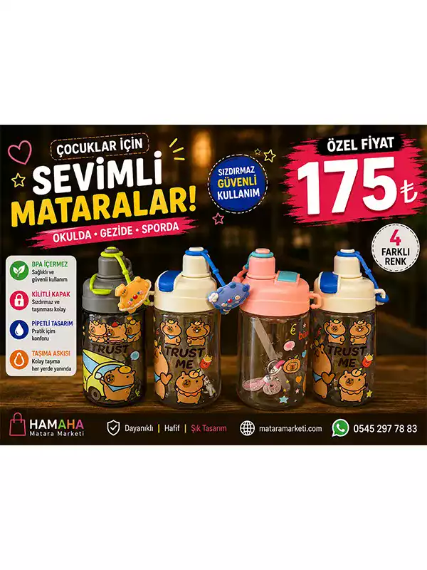 Çocuklar İçin Pipetli Sporcu Matarası – Kilitli Kapaklı Sevimli Su Şişesi
