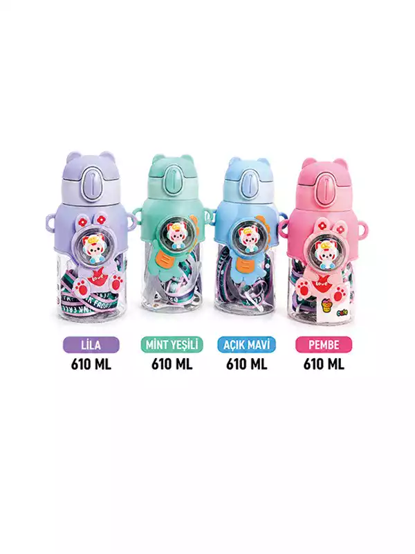 Cute Animal Ayıcık Kulaklı Çocuk Matarası 610 ML | Askılı BPA Free Suluk