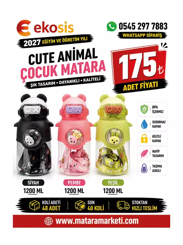 Cute Animal Panda Kulaklı Çocuk Matarası 1200 ML | Askılı BPA Free Suluk