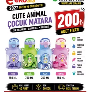 Cute Animal Pipetli Çocuk Matarası 750 ML | Askılı BPA Free Suluk