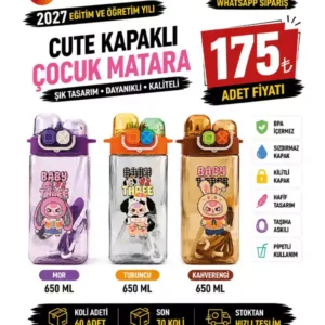 Cute Kapaklı Pipetli Çocuk Matarası 650 ML | Askılı BPA Free Suluk