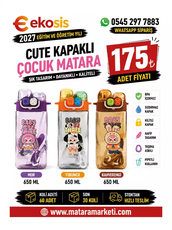 Cute Kapaklı Pipetli Çocuk Matarası 650 ML | Askılı BPA Free Suluk