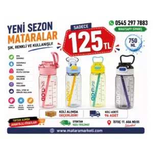 Kulplu Pipetli Spor Matara 750 ML | Ölçekli BPA Free Su Şişesi