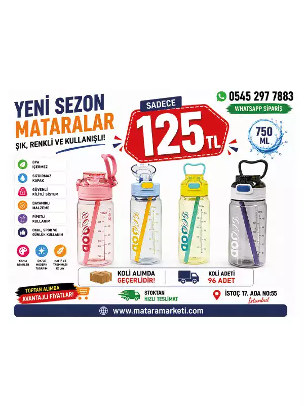 Kulplu Pipetli Spor Matara 750 ML | Ölçekli BPA Free Su Şişesi