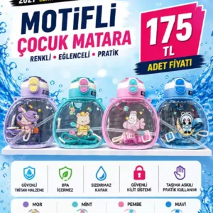 Motifli Çocuk Matarası | Askılı Tritan BPA Free Çocuk Suluk
