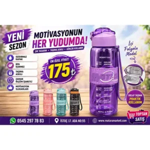 Motivasyon Matarası – Zaman Ölçerli Pipetli Su Matarası Askılı