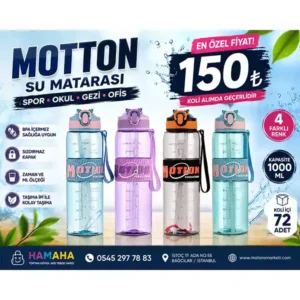 Motton 1000 ML Su Matarası – Ölçekli, Kilitli Kapaklı ve Taşıma İpli