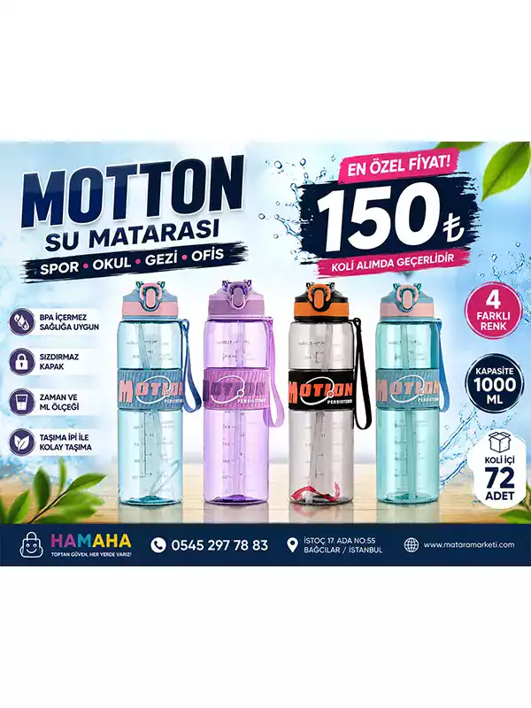 Motton 1000 ML Su Matarası – Ölçekli, Kilitli Kapaklı ve Taşıma İpli