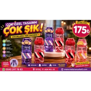 Pipetli Çocuk Matarası – Sızdırmaz Kapaklı, Askılı, Renkli Tasarım