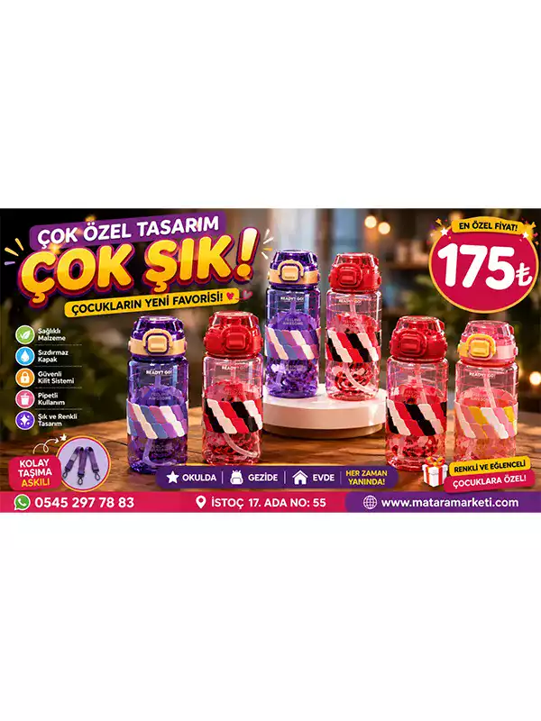 Pipetli Çocuk Matarası – Sızdırmaz Kapaklı, Askılı, Renkli Tasarım