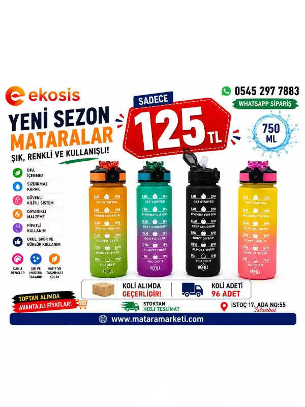 Pipetli Kilitli Motivasyon Matara 750 ML | BPA İçermez Spor ve Okul Suluğu