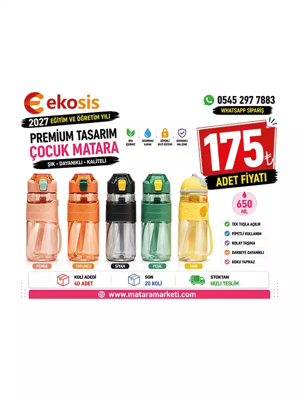 Premium Tasarım Çocuk Matarası 650 ML | Pipetli BPA Free Suluk