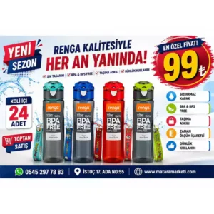 Renga Tritan Matara – Askılı, Kilitli Kapaklı ve Zaman Ölçüm İşaretli Su Matarası