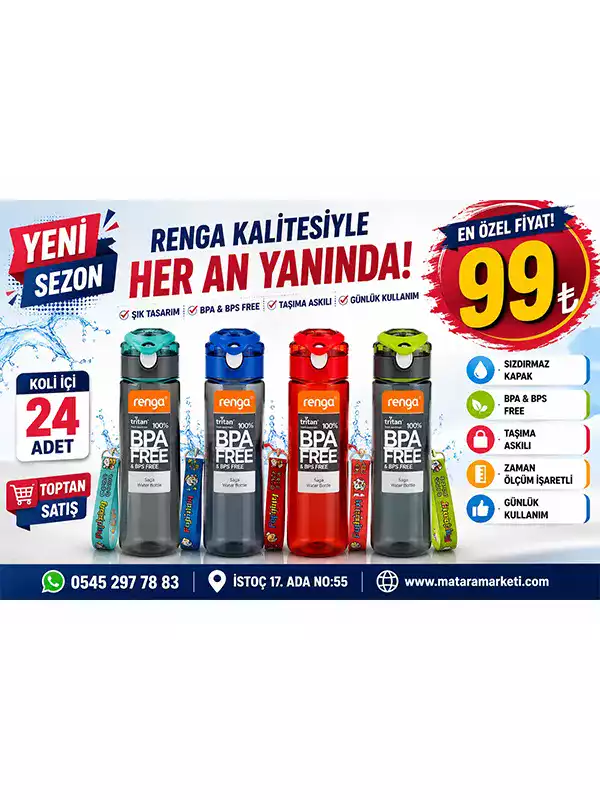 Renga Tritan Matara – Askılı, Kilitli Kapaklı ve Zaman Ölçüm İşaretli Su Matarası