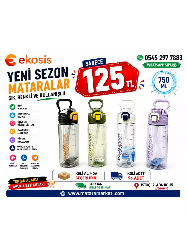 Şeffaf Pipetli Kilitli Spor Matara 750 ML | Taşıma Kulplu BPA Free Suluk